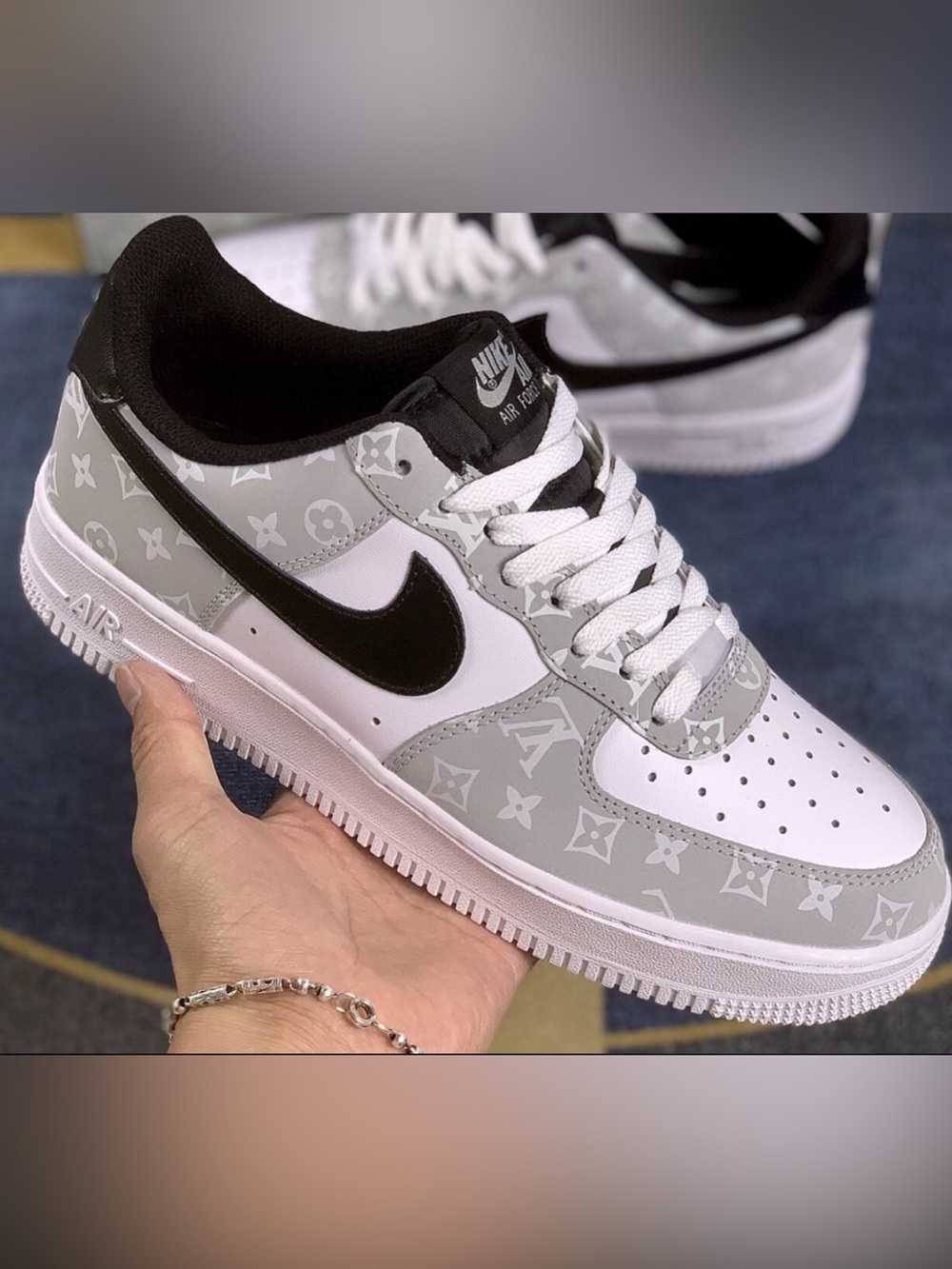 Nike Air Force 1 Low in White, Black & Gray with Monogram Print